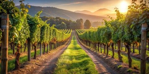 Poster - Vineyard trails and rustic charm A scenic vineyard path lined with grapevines and charming rustic elements , Vineyard