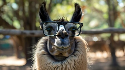 Wall Mural - A llama wearing horn-rimmed glasses is looking at the camera. The llama is standing in a field with trees in the background.