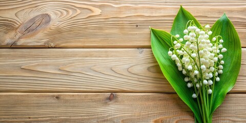 Sticker - Delicate lily of the valley flowers pattern on a wooden surface, floral, nature, wood, background, texture, flat lay, spring