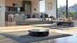 © Farm - Black robot vacuum cleaner on the gray carpet in the middle of the room with blurred living room and kitchen interior in the background.