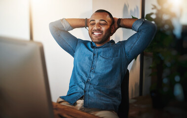 Canvas Print - Businessman, happy and relax with stretching in office for mental health break, target goals and done with work. Male employee, smile and arms behind head for rest, complete project and productivity