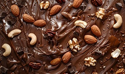 Wall Mural - Various nuts scattered over melted chocolate, Generative AI 