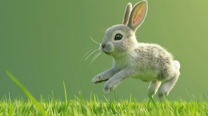 Cute and fluffy white bunny rabbit hopping through a green grassy field on a sunny day.