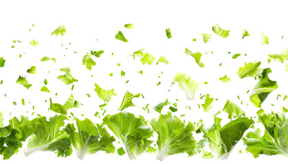 Fresh green lettuce leaves falling on white background