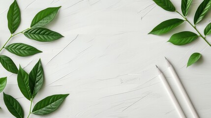 Wall Mural - White background with green leaves and pencils.