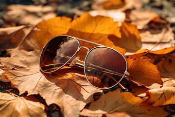 Wall Mural - a pair of sunglasses on a pile of leaves