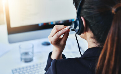 Wall Mural - Woman, headset and call center in office, crm and customer service for conversation and online support. Computer, telemarketing and consultant for career, operator and female person for hotline agent