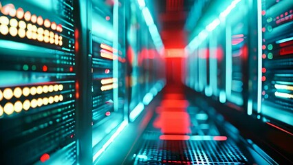 Poster - Data center with a row of computer servers. Abstract generic concept of cyberspace, communication and technology.