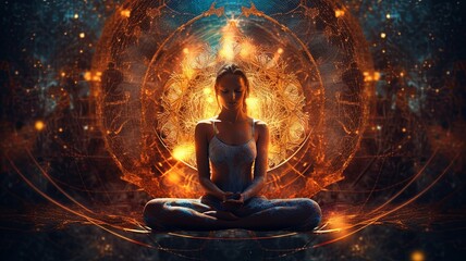 A female fictional character meditates in lotus position before a circle of fire, surrounded by darkness. The scene is painted in electric blue hues, symbolizing symmetry and mythology