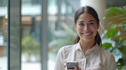 A happy woman holds her phone, perhaps taking a selfie or chatting with friends