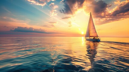 Wall Mural - Sailboat at Sunset with Golden Sky