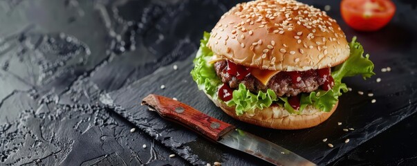 Wall Mural - A mouth-watering classic American burger served on a slate board, garnished with fresh lettuce, tomato, cheese, and a sesame seed bun. 