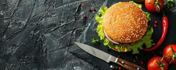 Wall Mural - A mouth-watering classic American burger served on a slate board, garnished with fresh lettuce, tomato, cheese, and a sesame seed bun. 