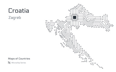 Wall Mural - White vector map of Croatia created from a microchip pattern, with the capital Zagreb depicted as a microchip