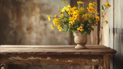 Wall Mural - Vintage style wooden table with yellow flowers
