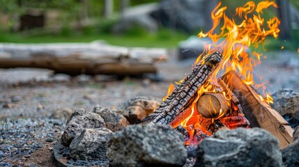 Canvas Print - Logs ablaze in an outdoor fire pit at a camping ground with room for text