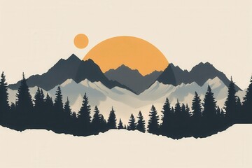 Sticker - A mountain landscape at dawn with peaks illuminated by the first rays of the sun. The sky is painted in soft pastel hues, creating a tranquil and inspiring scene. Generative AI