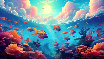 Coloured cartoon style illustration, underwater scene with fish, coral, and textured water, with sketchy lines. 2