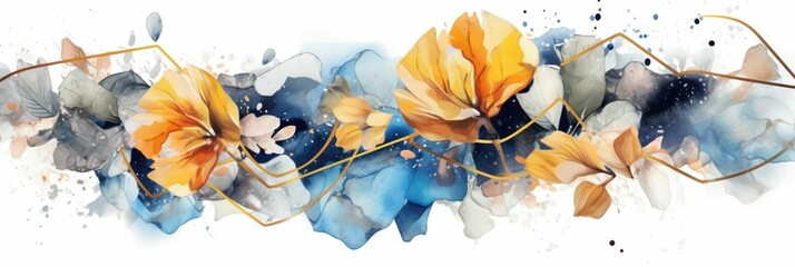 Wall Mural - Abstract luxury floral watercolor banner with elegance elements and splashes. Golden line with blue and gold flower decorated and line arrangement with white background. Elegant design concept. AIG35.