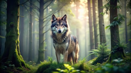 Canvas Print - Wolf in a dense forest setting , predator, wildlife, nature, animal, outdoors, wilderness, carnivore, woodland, danger, lurking