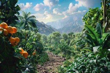 Dirt path surrounded by trees and oranges