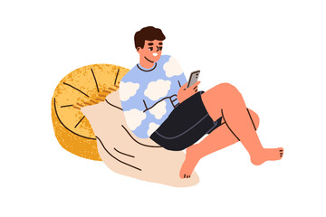 Poster - Man using smartphone at home. Happy person relaxing with mobile phone in hand, looking and surfing internet. Enjoying leisure time with gadget. Flat vector illustration isolated on white background