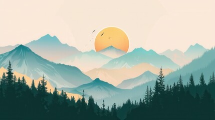 Aufkleber - A peaceful mountain scene at dawn, sun rising over peaks casting warm glow. Soft pastel sky hues create inspiring atmosphere. Generative AI