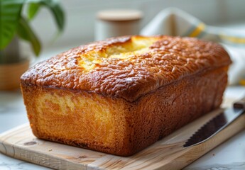 Wall Mural - Freshly Baked Golden Loaf of Bread on Wooden Cutting Board