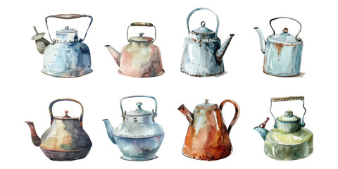 Wall Mural - Set of watercolor kettles on white background.