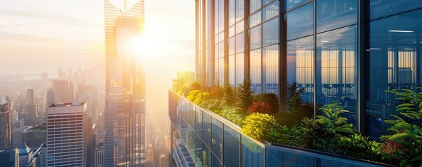 Wall Mural - Contemporary high-rise with rooftop greenery and expansive glass windows, showcasing urban sustainability. AIG59