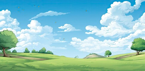 Wall Mural - Green Field with Fluffy Clouds Illustration