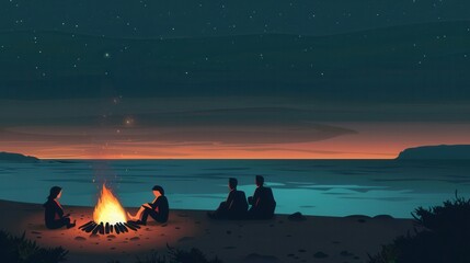 Poster - A group of friends enjoy a warm evening by a bonfire on a night beach, with a clear starry sky above. Generative AI