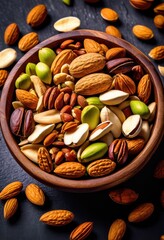 Wall Mural - various nuts wooden hazelnuts healthy snack mix display, almond, cashew, pistachio, assortment, variety, bowl, organic, natural, food, ingredient, nutrition,