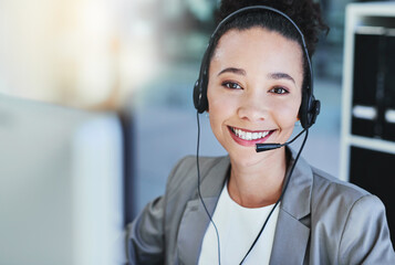 Wall Mural - Woman, headset and call center in office, portrait and customer service for conversation and online support. CRM, telemarketing and consultant for career, operator and female person for hotline agent