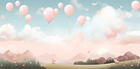 Wall Mural - Pink Balloons Flying in a Dreamy Landscape Illustration
