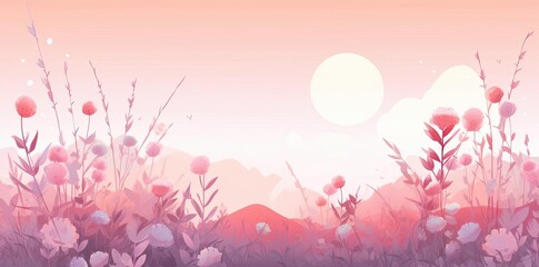 Poster - Pink Flower Field Illustration