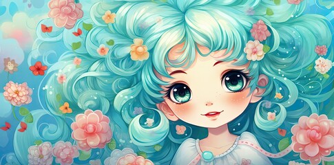 Anime Girl Illustration with Blue Hair and Flowers