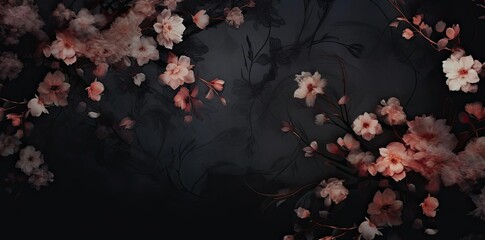 Wall Mural - Dark Floral Illustration with Pink Flowers