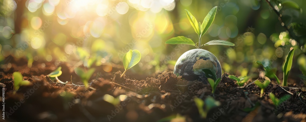 Earth day background concept with a small plant growing from a globe in ...