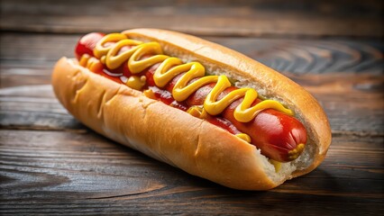 Poster - Hot dog topped with ketchup and mustard , street food, condiments, fast food, grilling, barbecue, picnic, sausage, bun, delicious