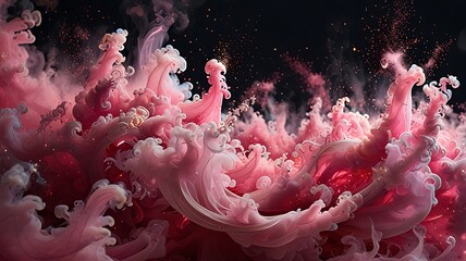 Wall Mural - A mesmerizing composition of swirling pink smoke adorned with sparkling glitter particles, creating an ethereal and luxurious abstract background. Generative Ai.