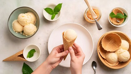 Person Holding Ice Cream Cone Over Plate of Ice Cream