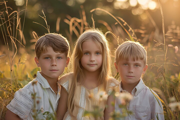 Two little boys with a girl are standing in a field in the middle of the picture. Middle Child day on 12th August