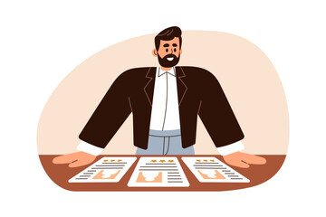 Poster - Employer hiring and recruiting with job CV documents screening. Human resources professional, headhunter searching for applicants, employees. Flat vector illustration isolated on white background
