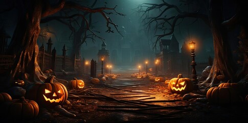 Spooky Halloween Night Illustration with Jack-o-Lanterns and Foggy Path