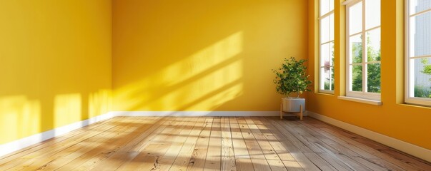 Wall Mural - Empty room with yellow walls and wooden floor, illuminated by sunlight. Ideal for interior design, home decor, and real estate content. Free copy space for banner.