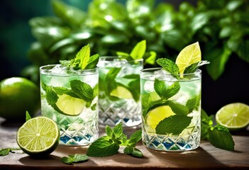 refreshing mojitos fresh mint leaves lime garnish glass, drink, cocktail, bar, alcohol, summer, beverage, party, mixology, bartender, rum, sugar, ice, citrus