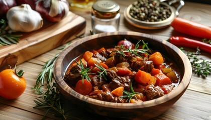 Bowl of tasty beef stew and fresh vegetables on wooden table background
