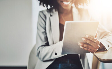 Poster - Hands, business and woman with tablet, connection and answer with communications consultant. Closeup, person and entrepreneur with tech, creative agency and social media with internet and digital app