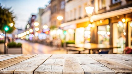 Wall Mural - Night view of an empty rustic wooden table in the foreground with defocused lights of a town street café at background ideal for product or food display. Predominant colors are brown and yellow